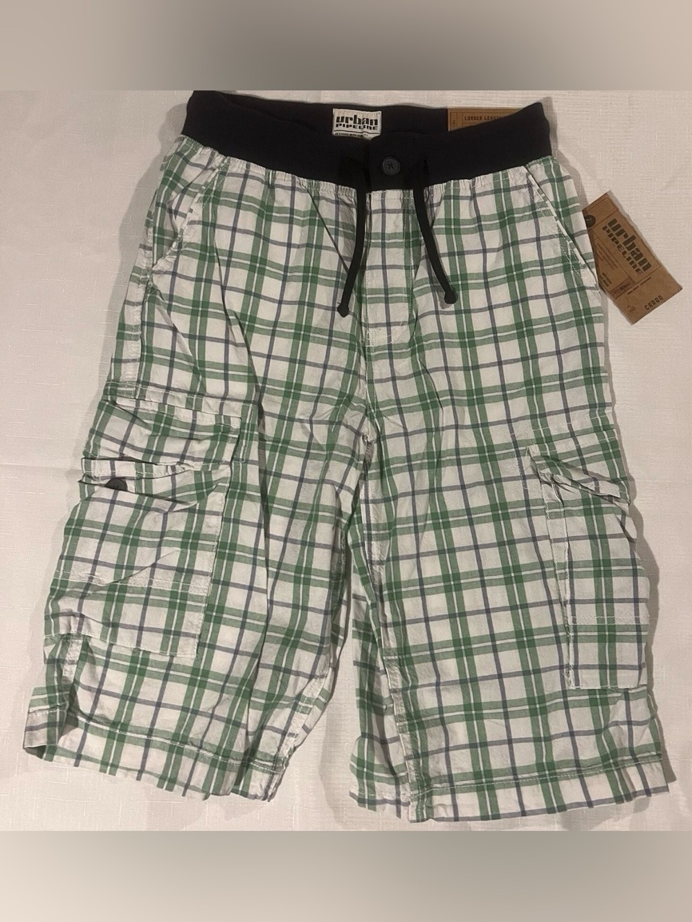 urban pipeline Green and White Plaid Cargo Shorts with Black Waistband